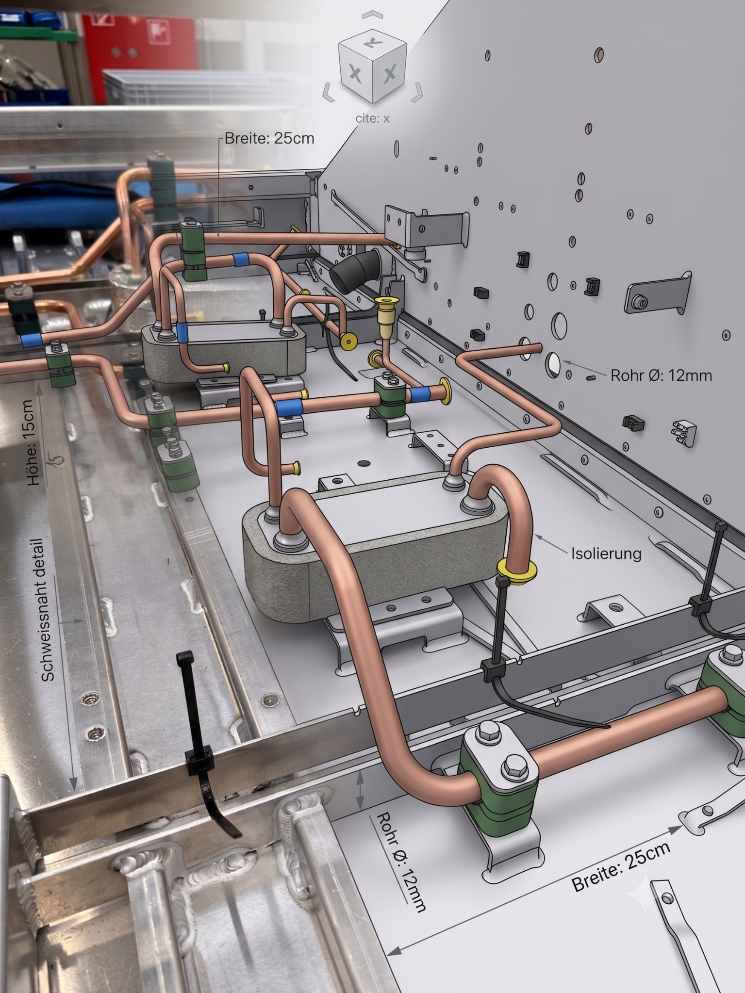 HVAC-Systemaufbau mit Leitungsführung und technischen Annotationen