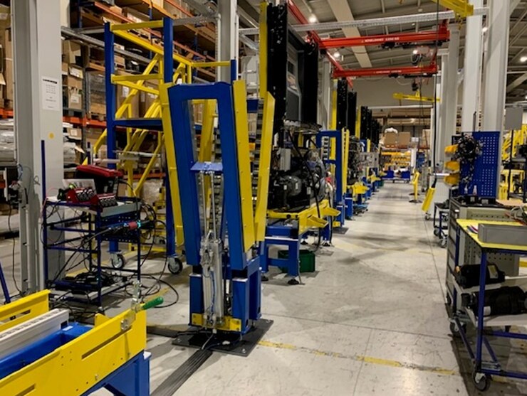 Produktionslinie mit gelb-blauen Vorrichtungen