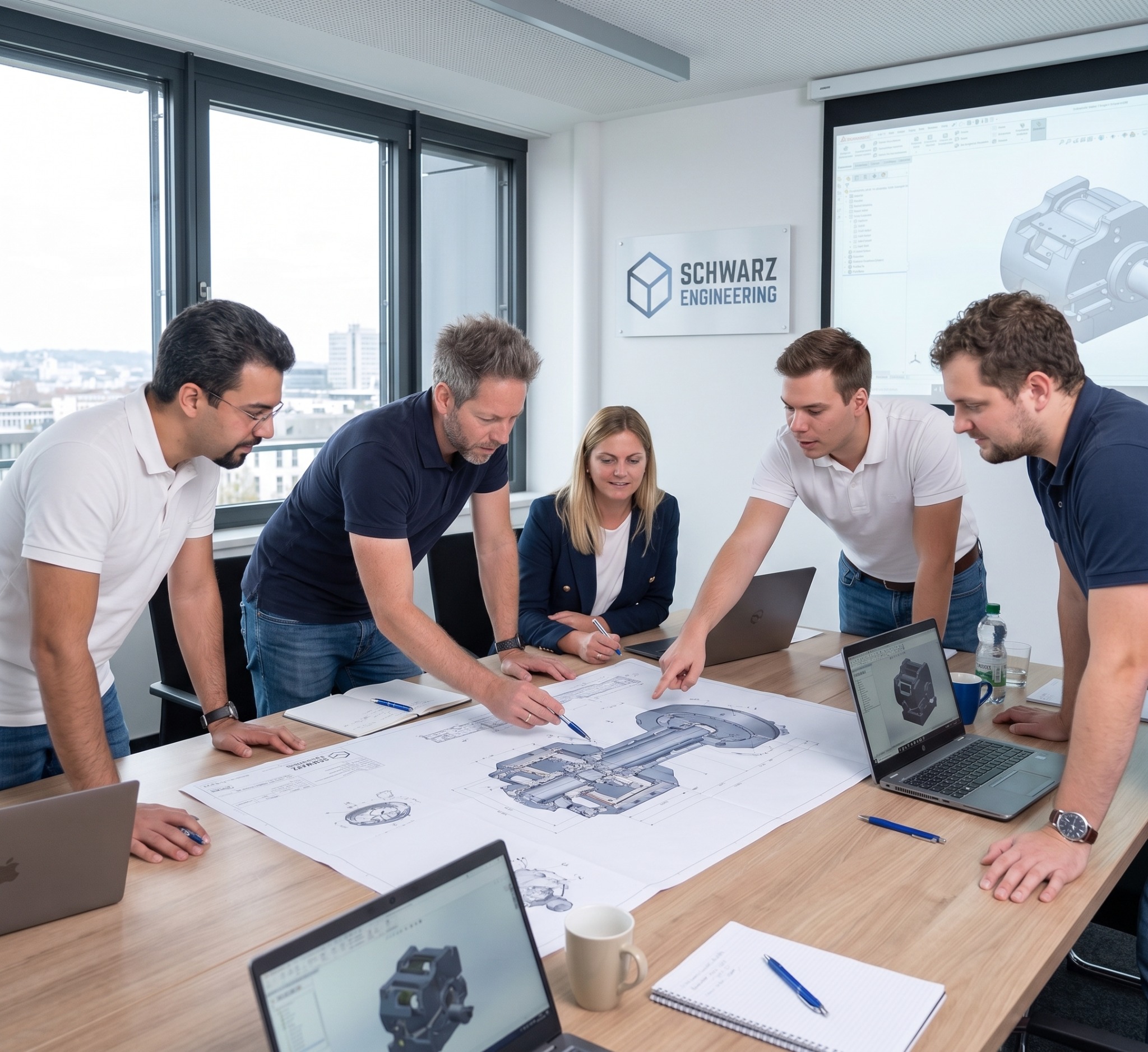 Projektabstimmung im Team an einer technischen Zeichnung